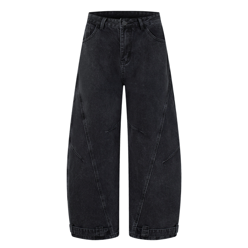 Front view of washed charcoal wide-leg denim pants with paneled legs and cuffed hems