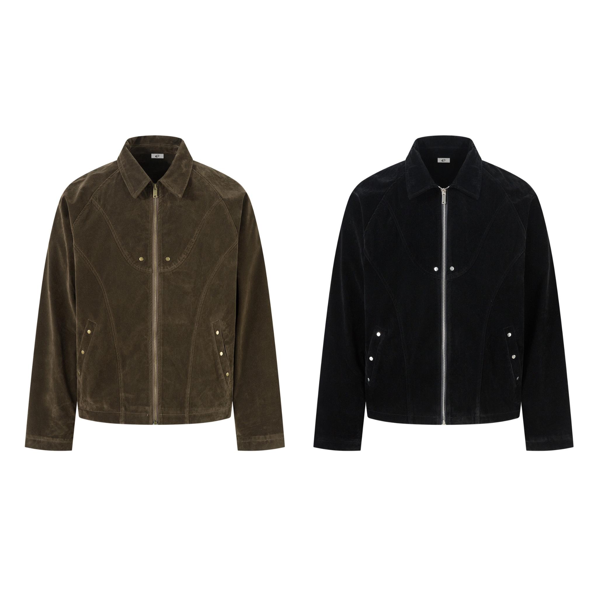 Omirad suede-texture arc panel zip jacket in olive and black, shown flat on white background
