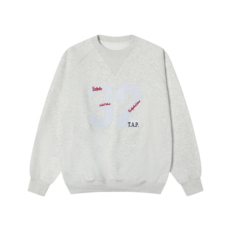 Light heather gray sweatshirt front with white 32 graphic and red script accents