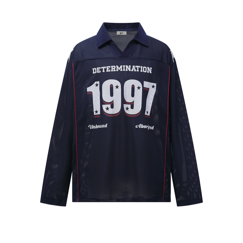 Navy mesh long-sleeve shirt with collar, front view, featuring DETERMINATION 1997 graphic