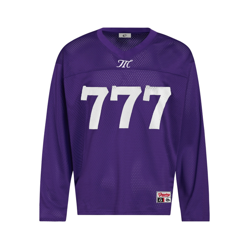 Purple mesh football jersey with white 777 print and chest monogram, front view
