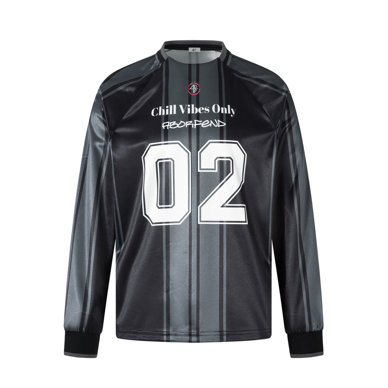 Front view of a black long sleeve jersey top with gray retro stripes and large white 02 graphic