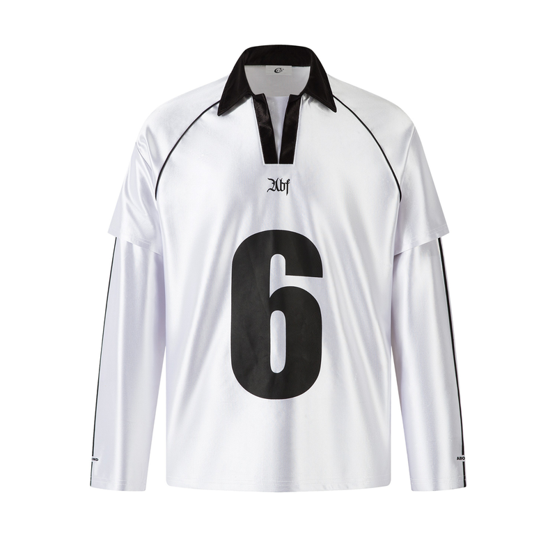 White long-sleeve sports jersey with black collar and large number 6 front view