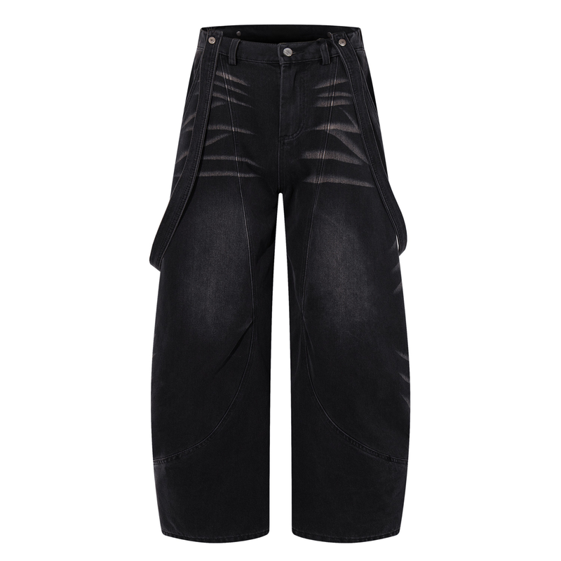 Front view of dark denim wide-leg jeans with strap details and washed thigh fading