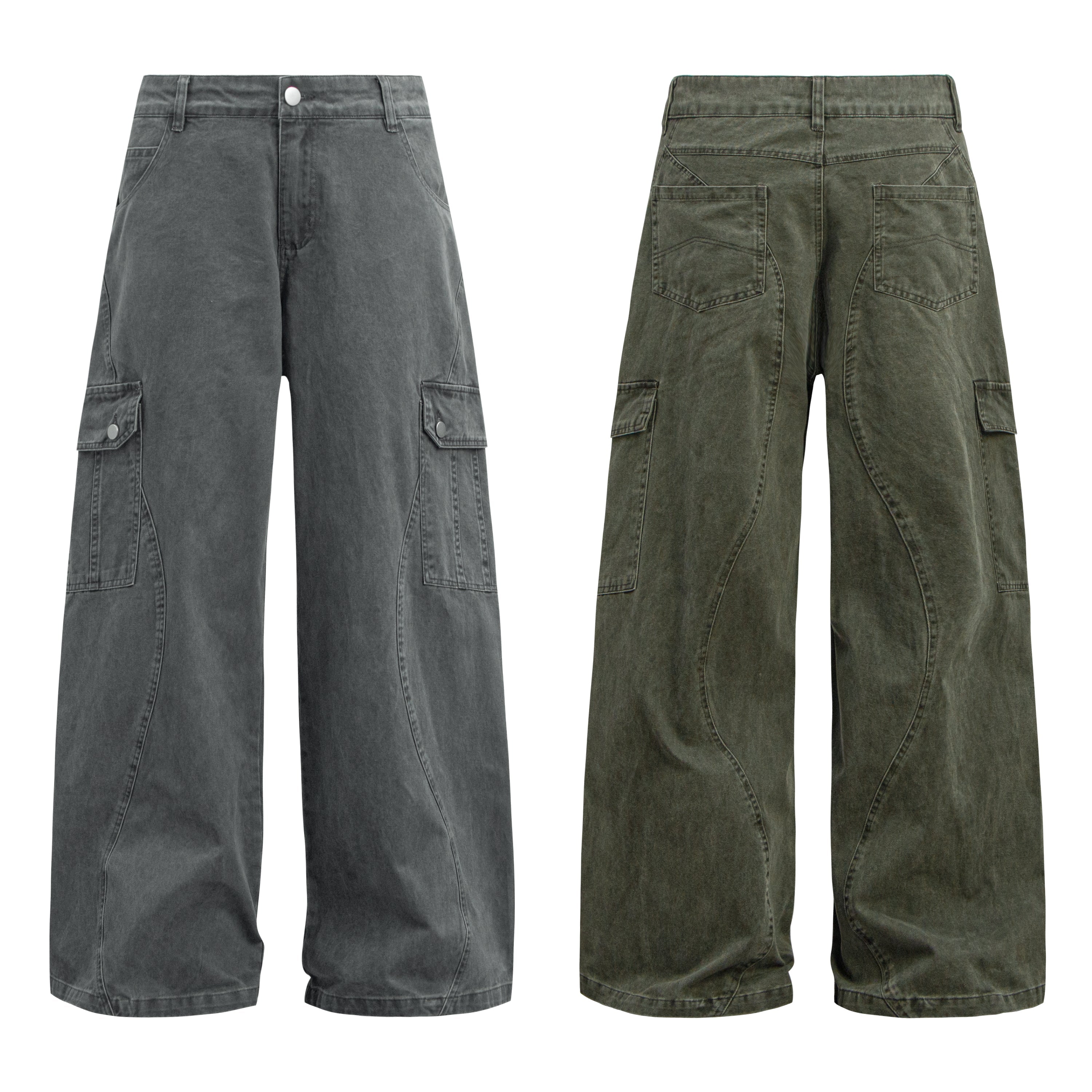 Omirad Curved Cargo Wide-Leg Denim Pants | 100% Cotton