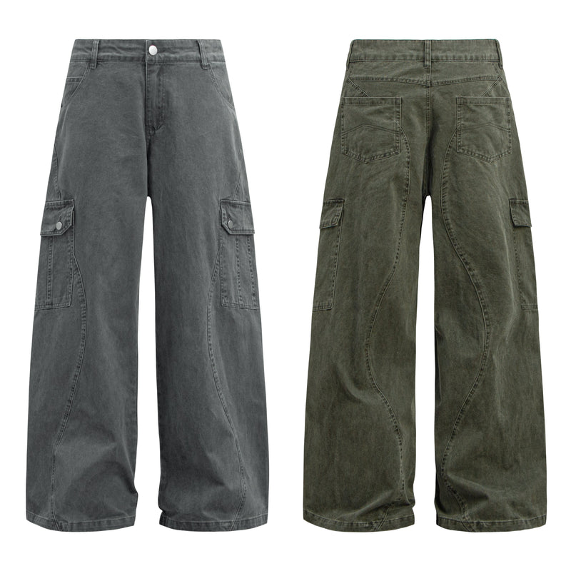 Omirad Curved Cargo Wide-Leg Denim Pants | 100% Cotton