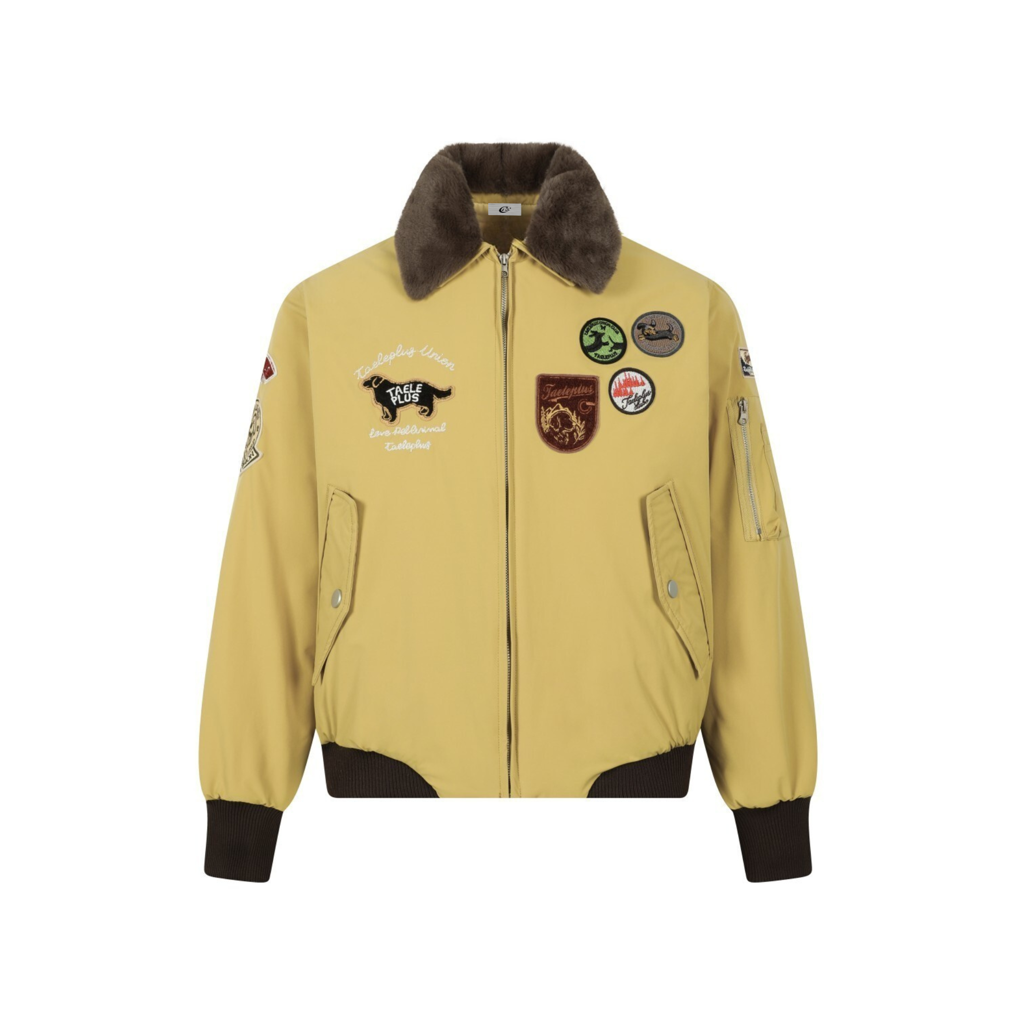 Taele Plus Aviation Patch Bomber Jacket with Fur Collar