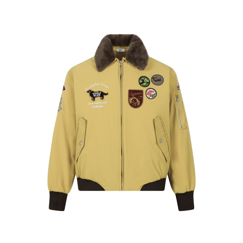 Taele Plus Aviation Patch Bomber Jacket with Fur Collar