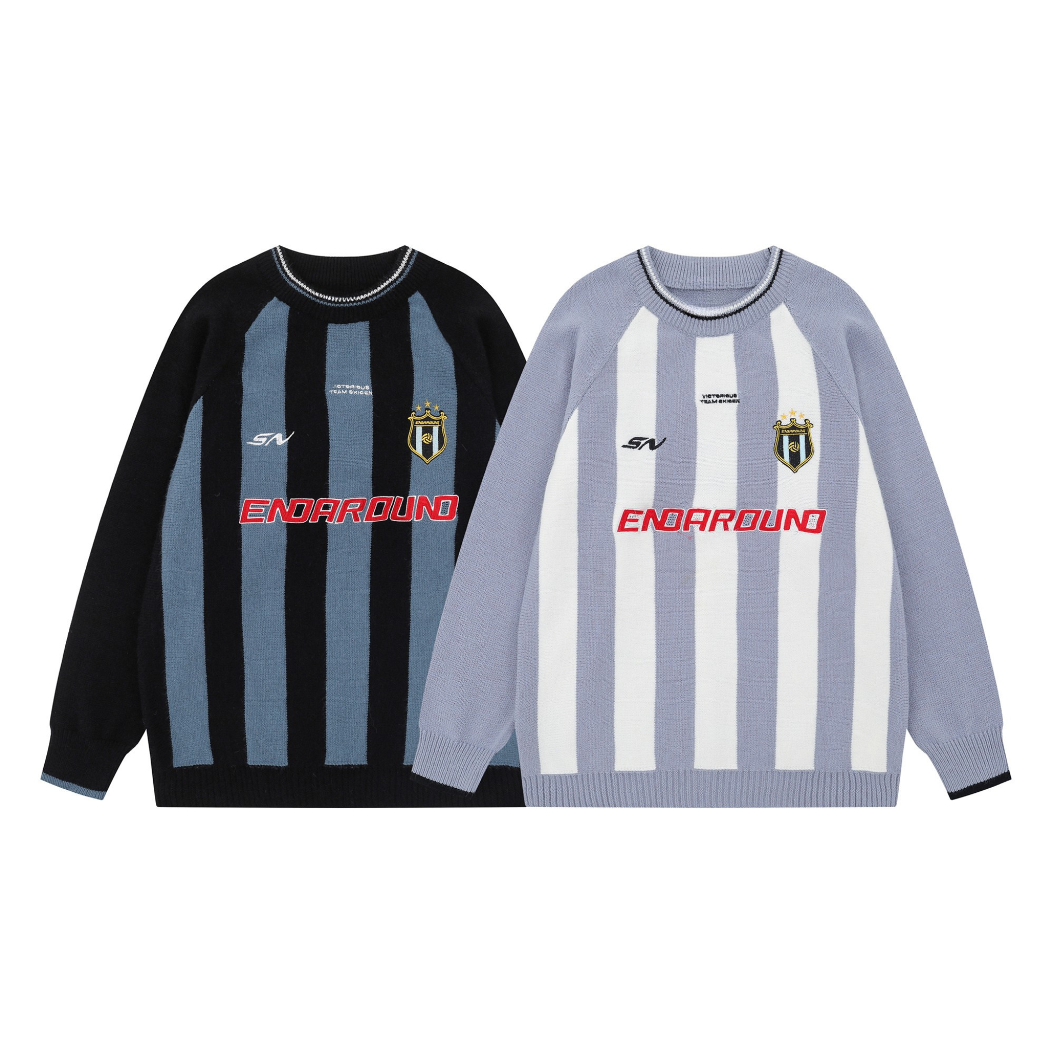 Grey and white vertical striped knit sweater with embroidered crest badge and red Endaround chest lettering