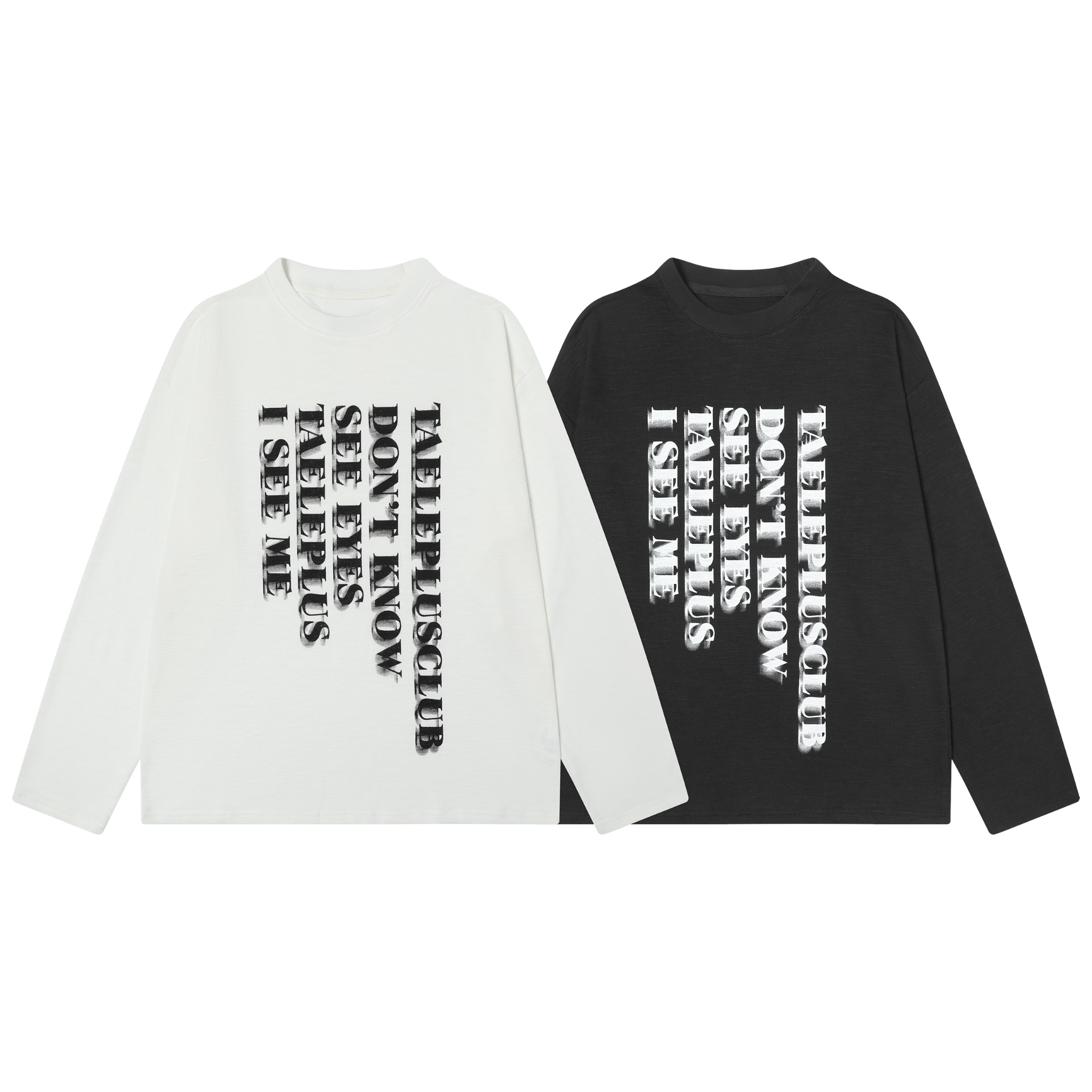 White and black long sleeve tees with vertical stacked shadow text graphic print on chest, flat lay product shot