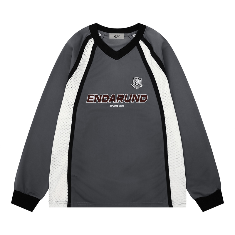 Gray long sleeve football top with black V-neck trim, white mesh side panels, and ENDARUND logo