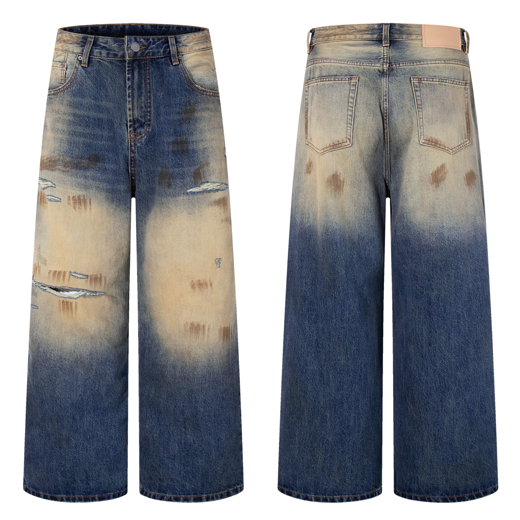 Front and back view of wide-leg distressed jeans with sand-to-indigo gradient wash and ripped knee detailing