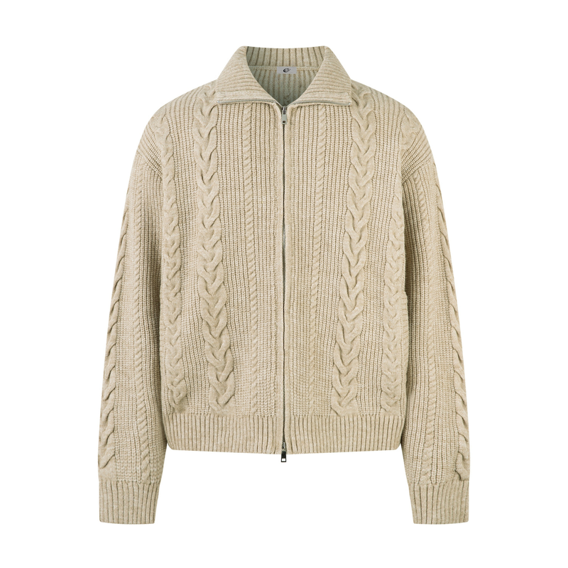 Beige cable knit zip-up sweater jacket with ribbed collar, front view