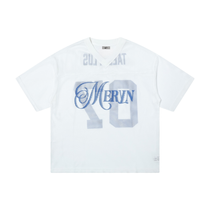 White oversized mesh varsity jersey tee with blue graphic lettering and large 30 print on the front