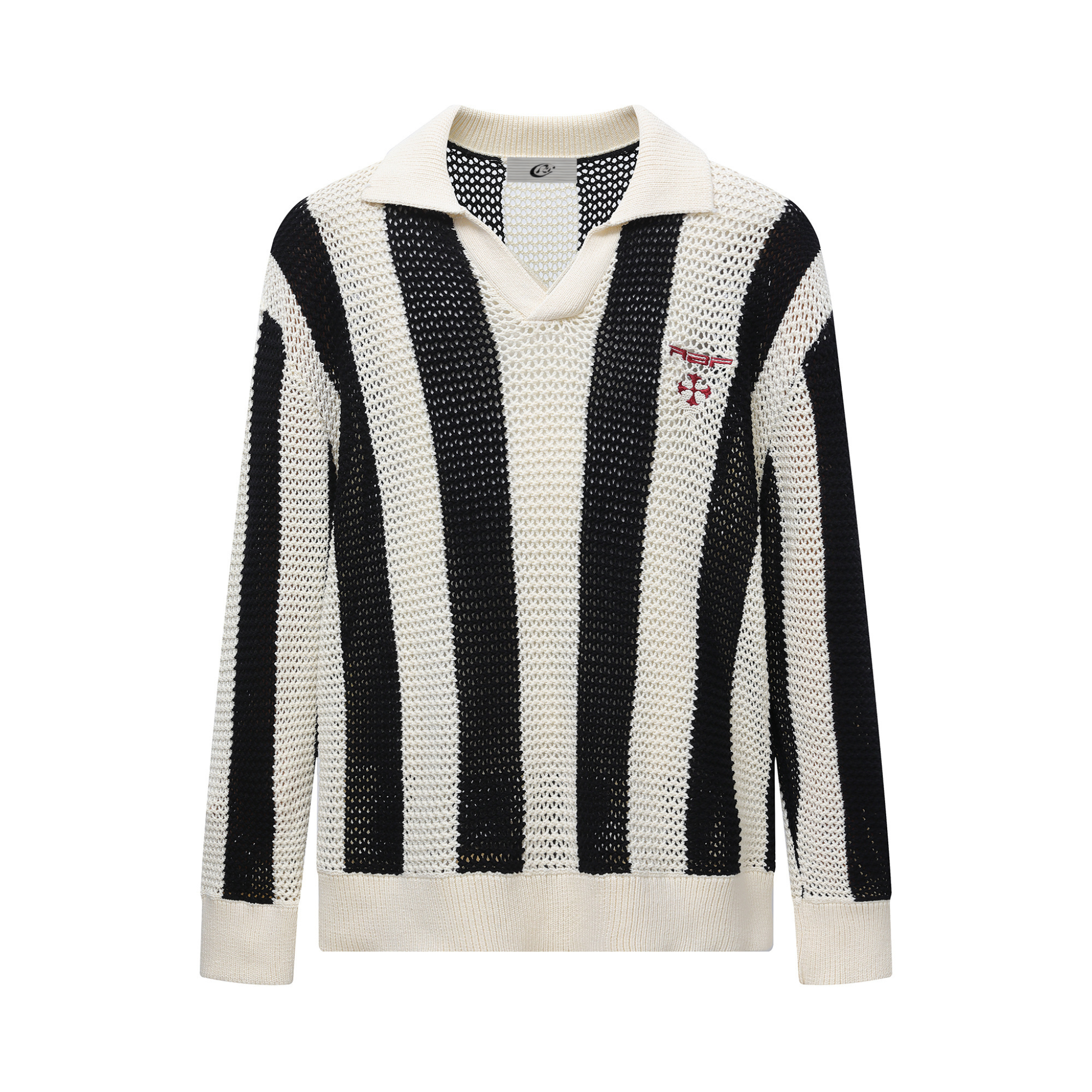 Retro Mesh Knit Polo Sweater | Vintage Stripe Open-Weave