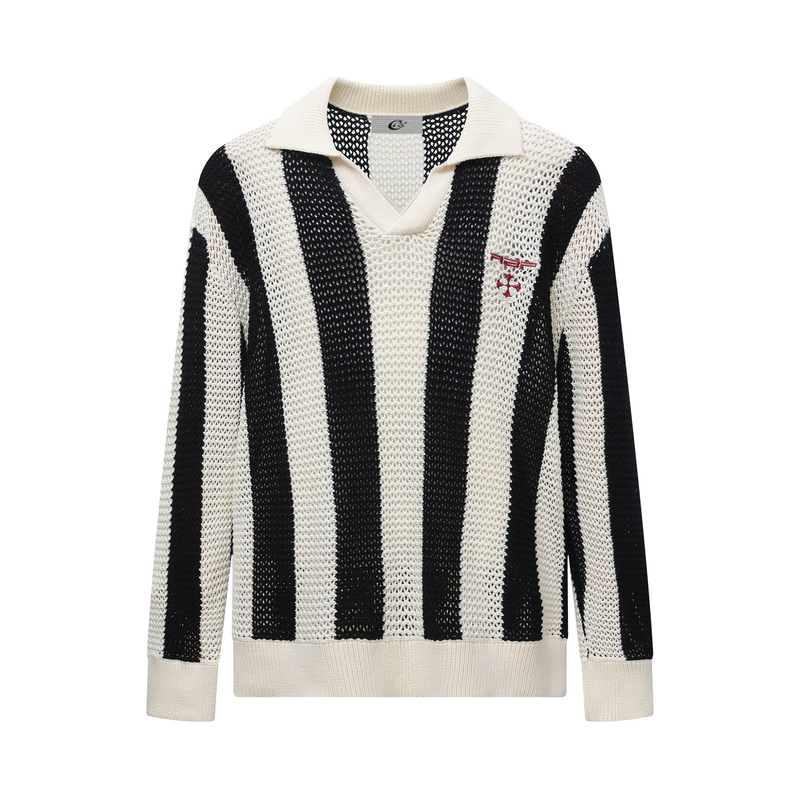 Black and cream open-weave striped polo sweater with long sleeves and ribbed collar
