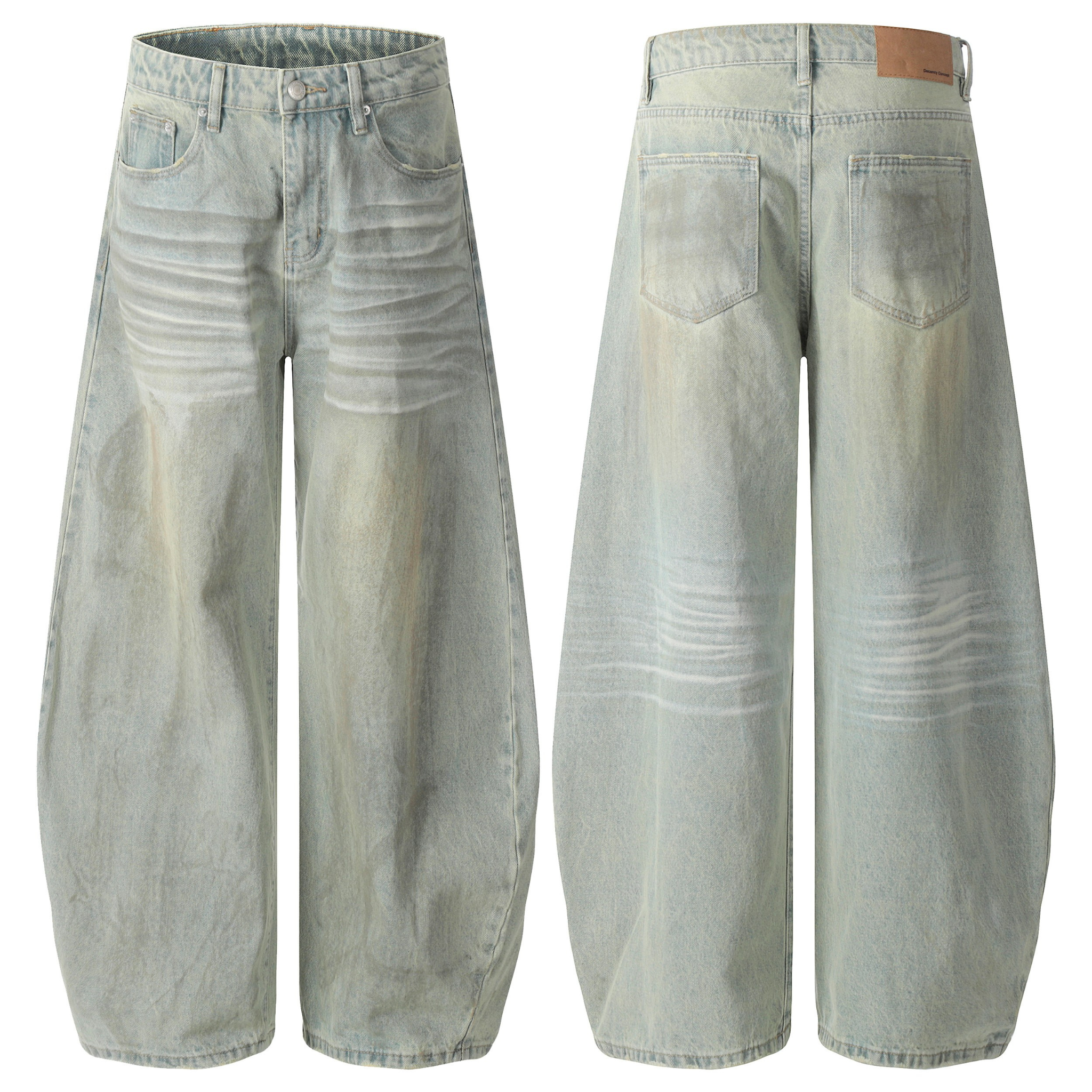 Front and back view of light-wash wide-leg barrel jeans with vintage whisker fading and curved silhouette