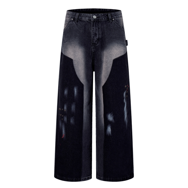 Dark wash wide-leg jeans with brushstroke fade pattern, front view
