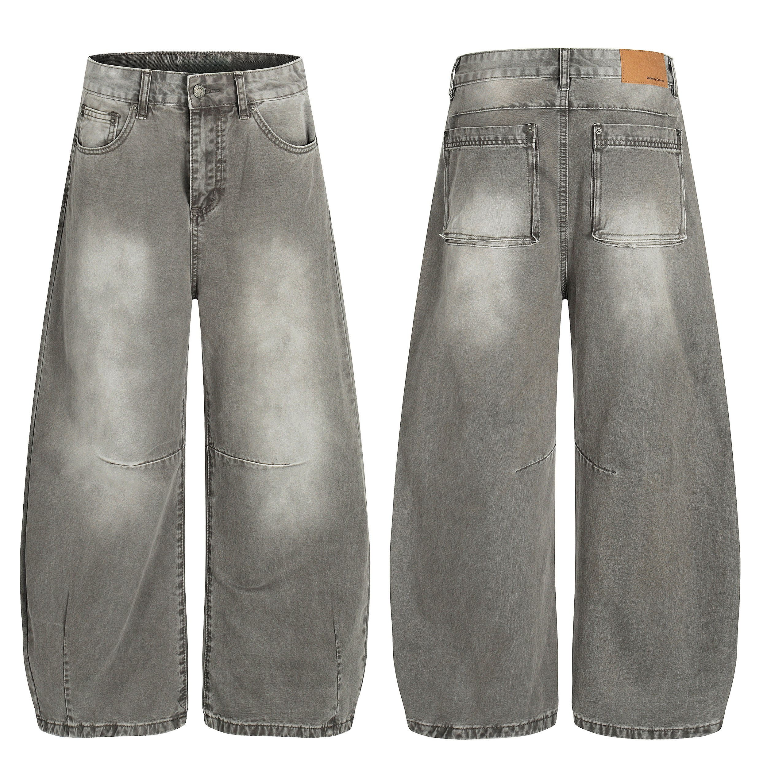 Front and back view of grey washed wide curved-leg denim jeans with faded wash detailing and five-pocket construction