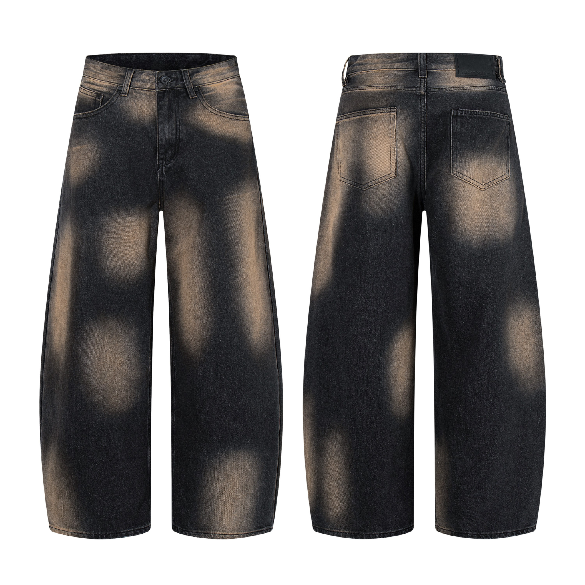 Front and back view of black wide-leg jeans with sandy-brown cloud-fade bleach wash pattern on white background