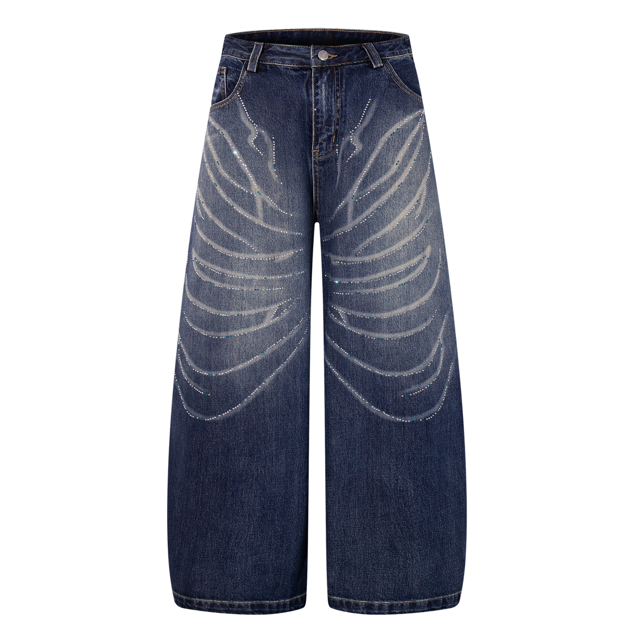 Rhinestone Wave Wide-Leg Jeans | Mid-Blue Washed Denim