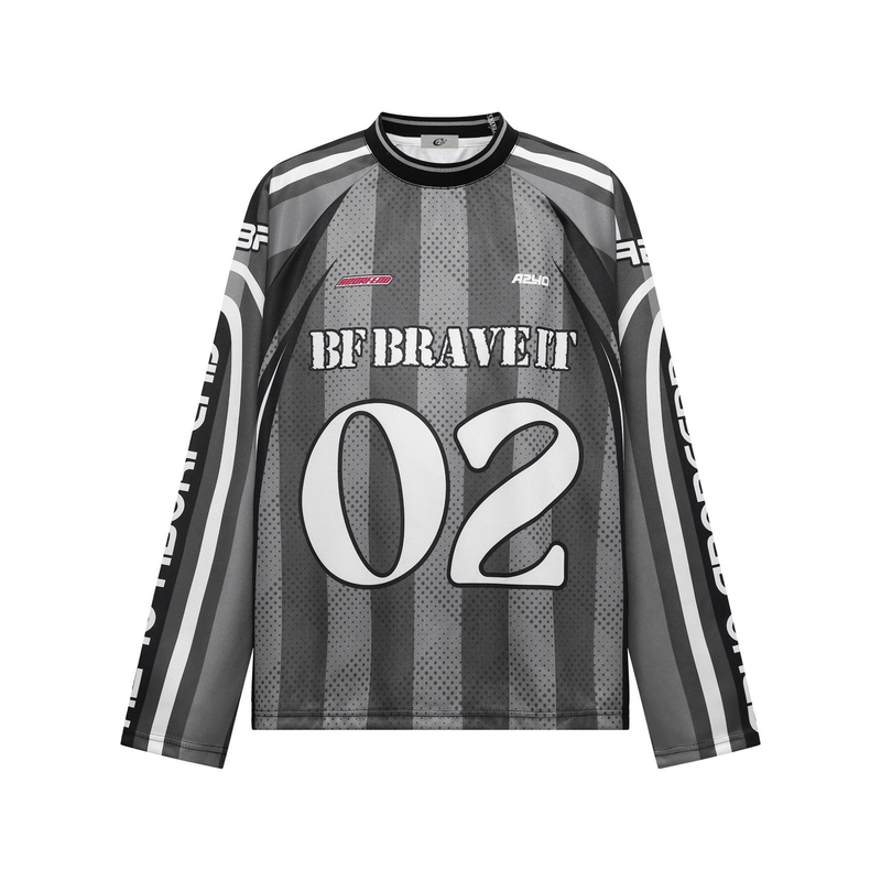 Gray striped long sleeve jersey top front view with BF BRAVETT 02 graphic