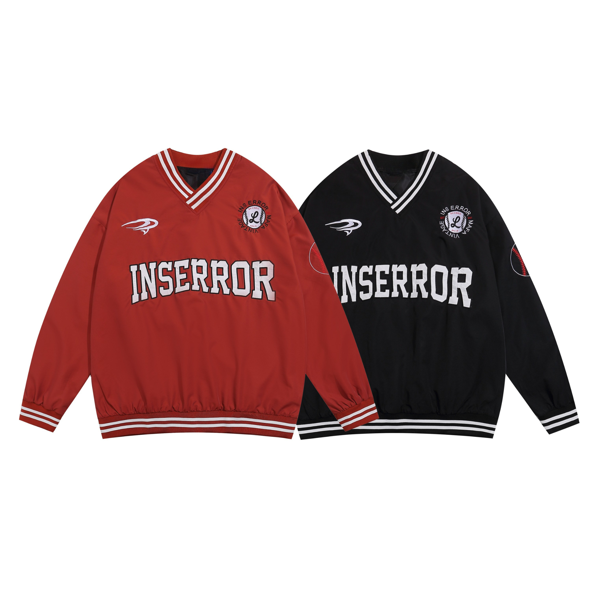 Red and black varsity collegiate mesh pullovers with arch INSERROR lettering, V-neck, and white rib-striped trims