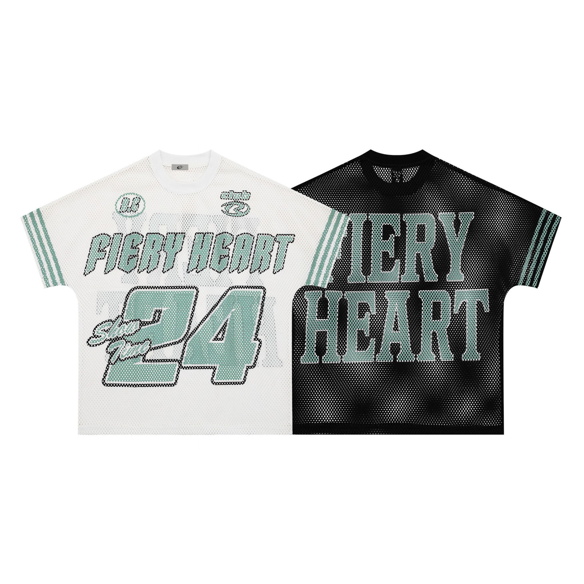 White and black Fiery Heart mesh jersey tees with mint green varsity graphics and number 24 print, laid flat side by side