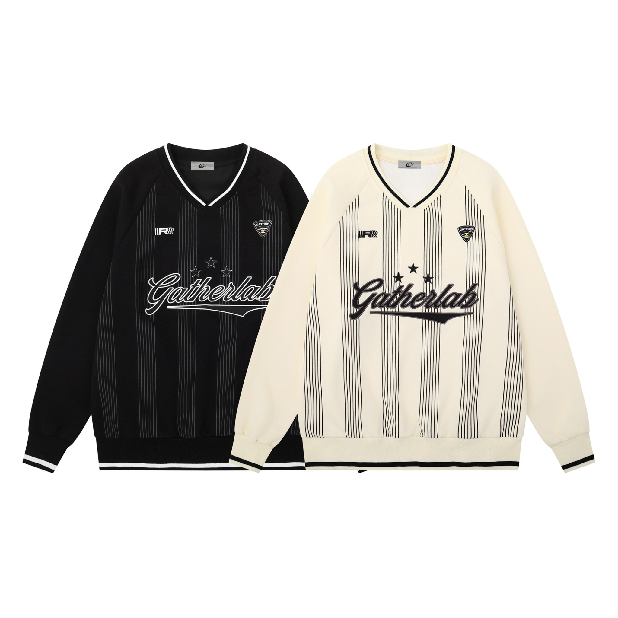 Black and off-white Gatherlab pinstripe varsity jersey sweatshirts with embroidered script logo and V-neck collar