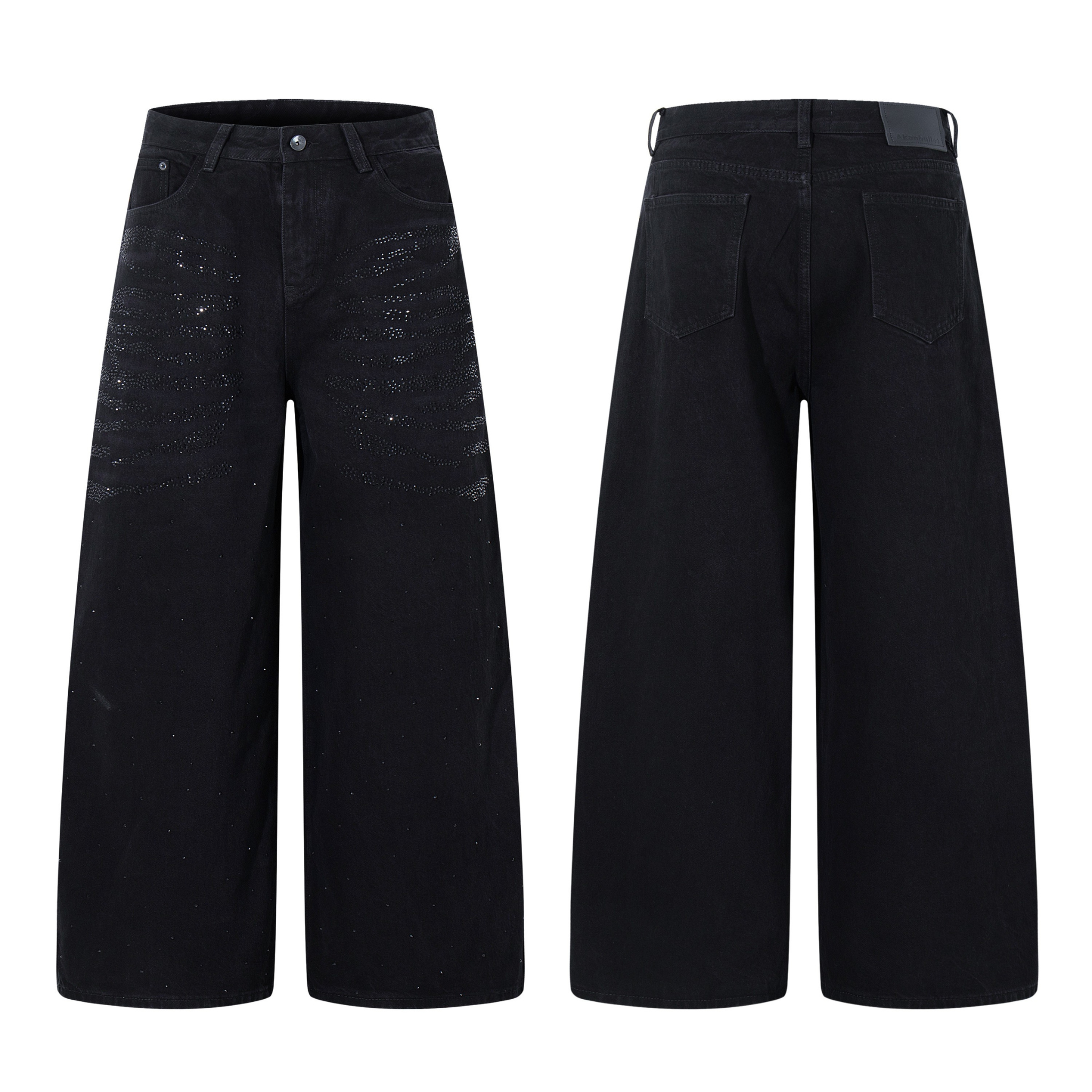 Front and back view of black wide-leg denim jeans with tonal rhinestone wave embellishments on the front panels
