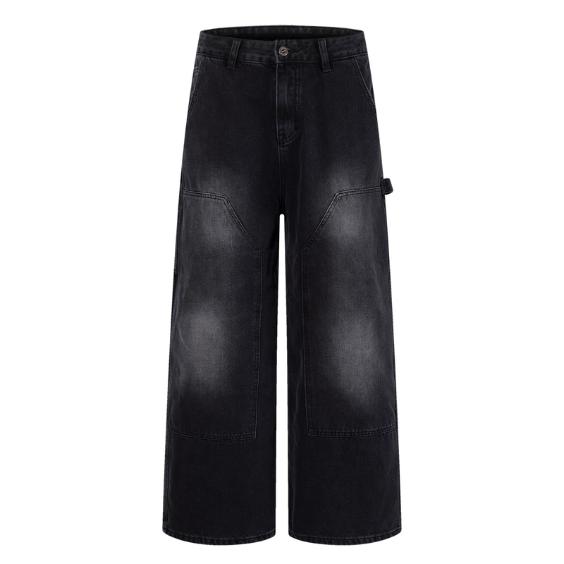 Front view of black wide-leg carpenter jeans with gradient washed finish and patch pockets