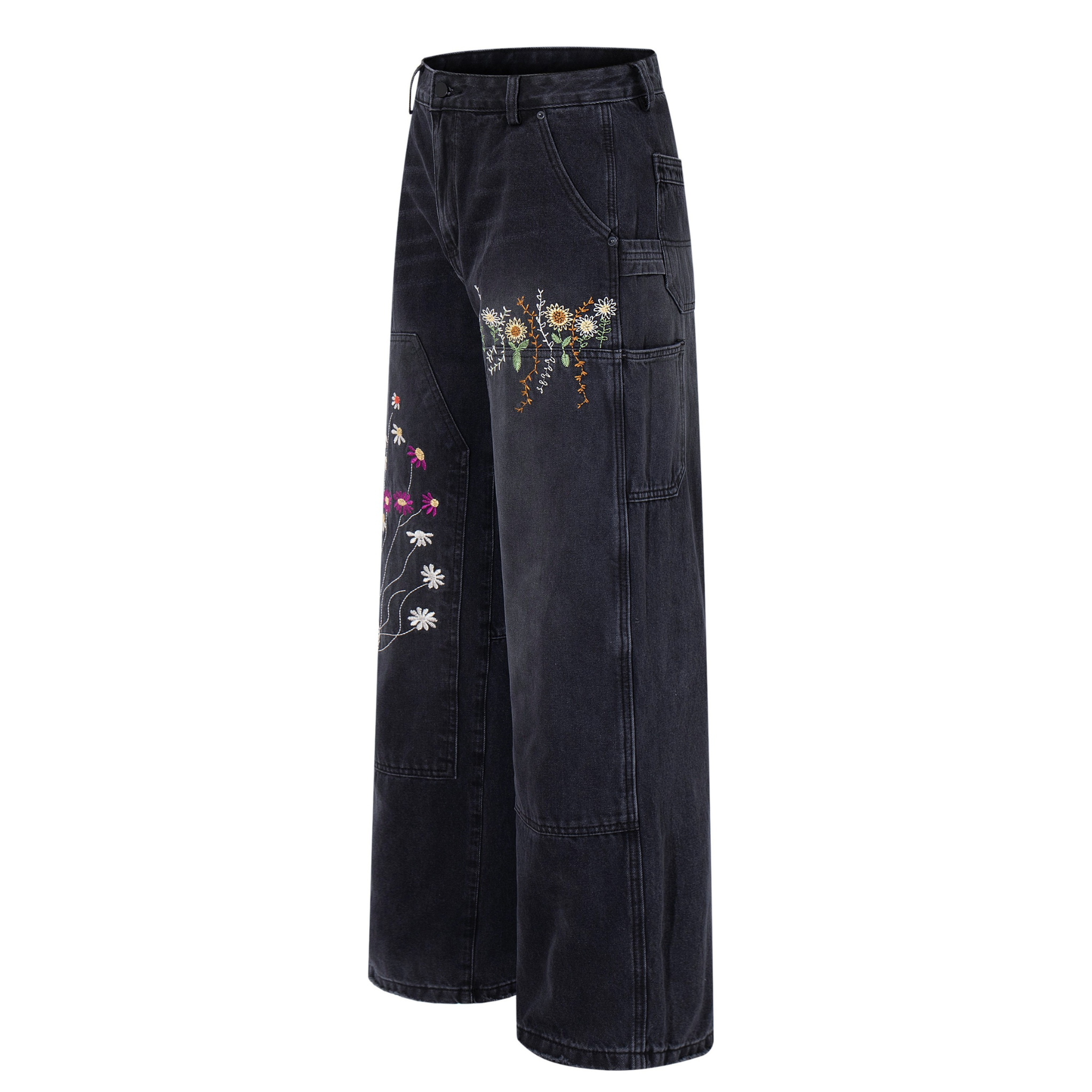 Floral Embroidered Wide-Leg Carpenter Jeans | Washed Black