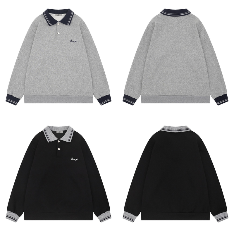 Front and back views of gray and black varsity polo sweatshirts with striped knit collars and cuffs