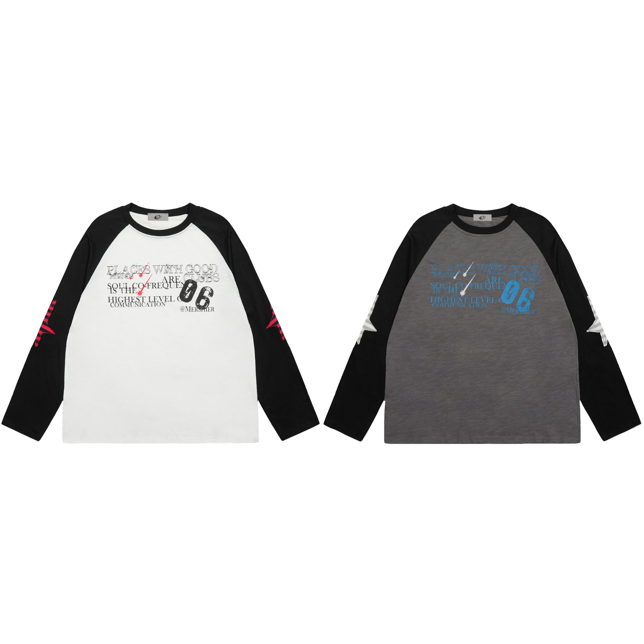 White and black contrast raglan long-sleeve tee with layered typographic chest print and red sleeve graphics, flat lay front