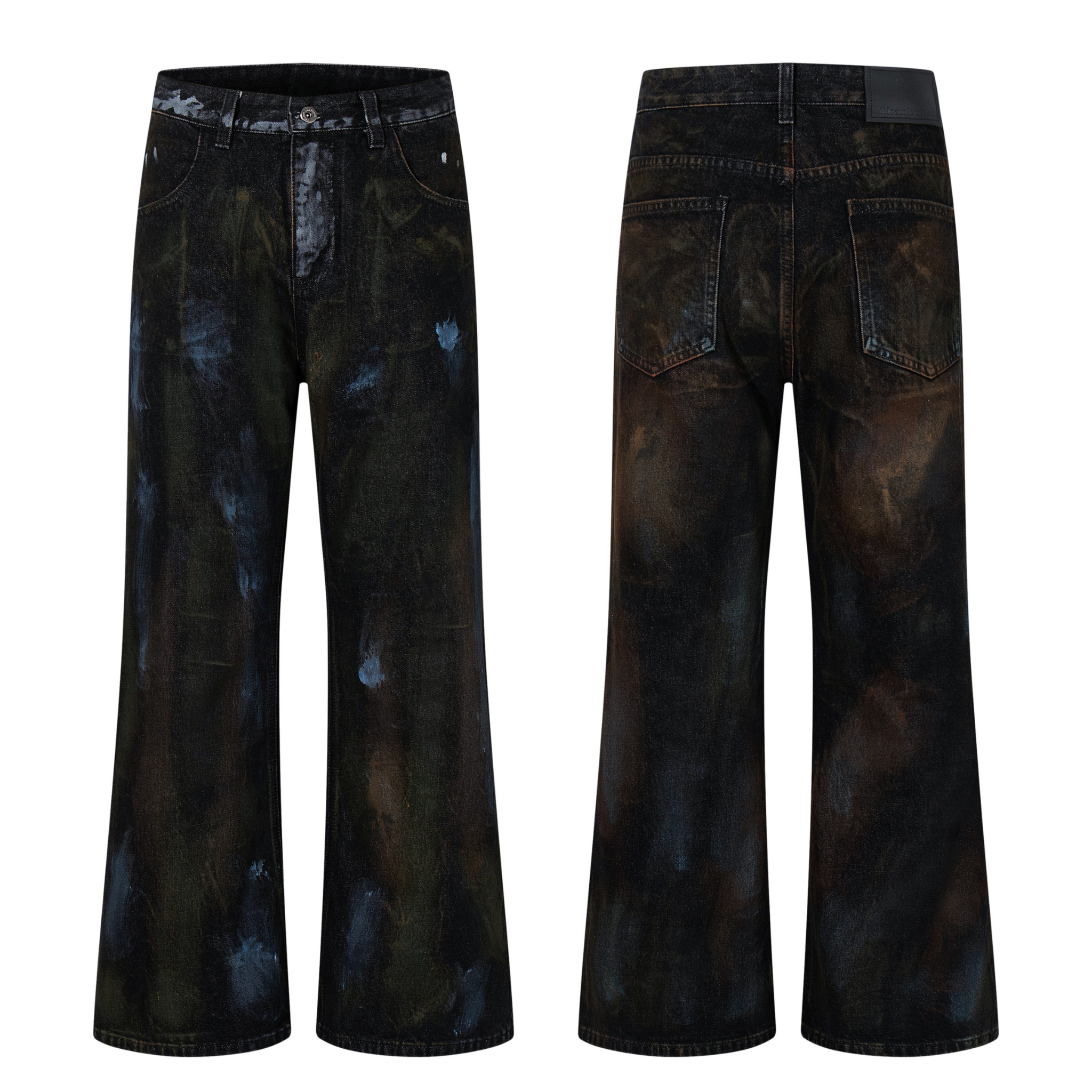 Front and back view of black wide-leg jeans with hand-painted blue, green, and brown wash effects