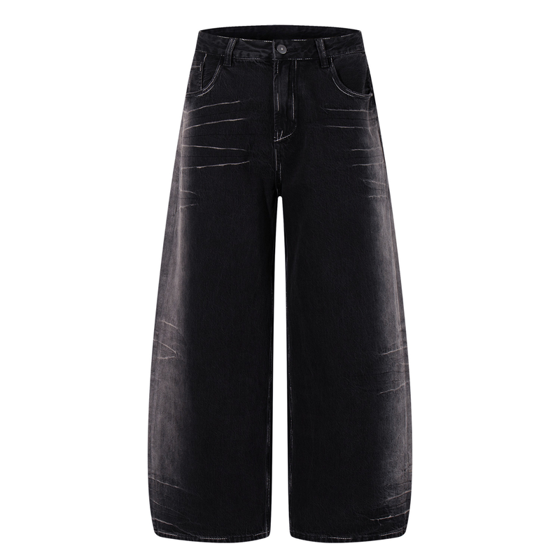 Front view of dark wash wide-leg jeans with faded whiskering and contrast stitching