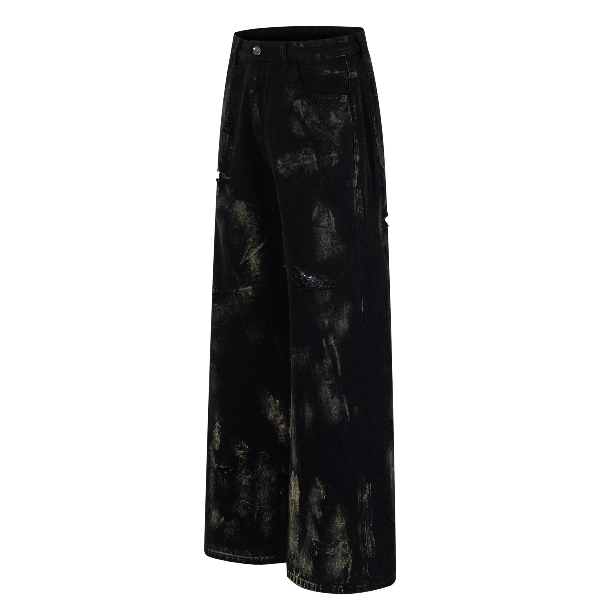 Omirad Paint-Wash Destroyed Wide-Leg Jeans | Black Denim