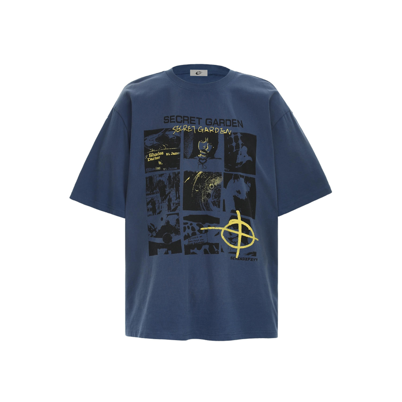 Navy oversized T-shirt with Secret Garden graphic panel print and yellow graffiti-style accents on the front