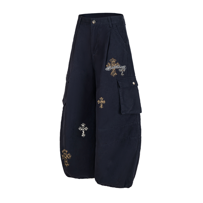 Black wide-leg cargo pants with leopard cross embroidery, angled front view