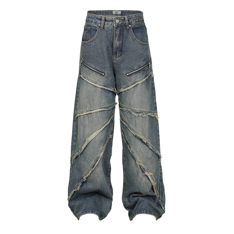 Spiral-Tear Grunge Wide-Leg Denim Jeans | Distressed Streetwear