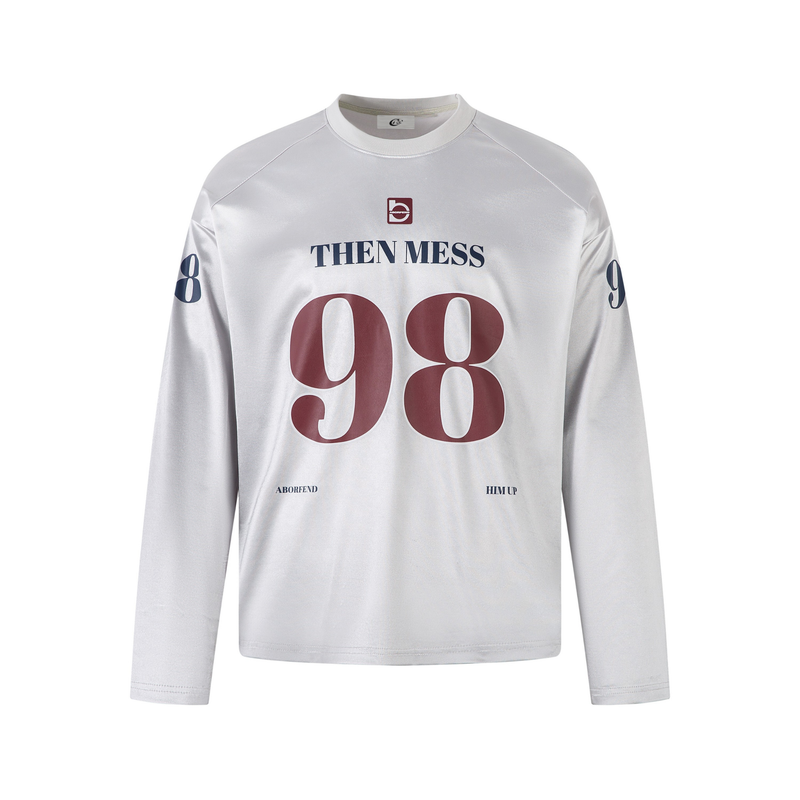 White long sleeve jersey tee with front THEN MESS and 98 graphic