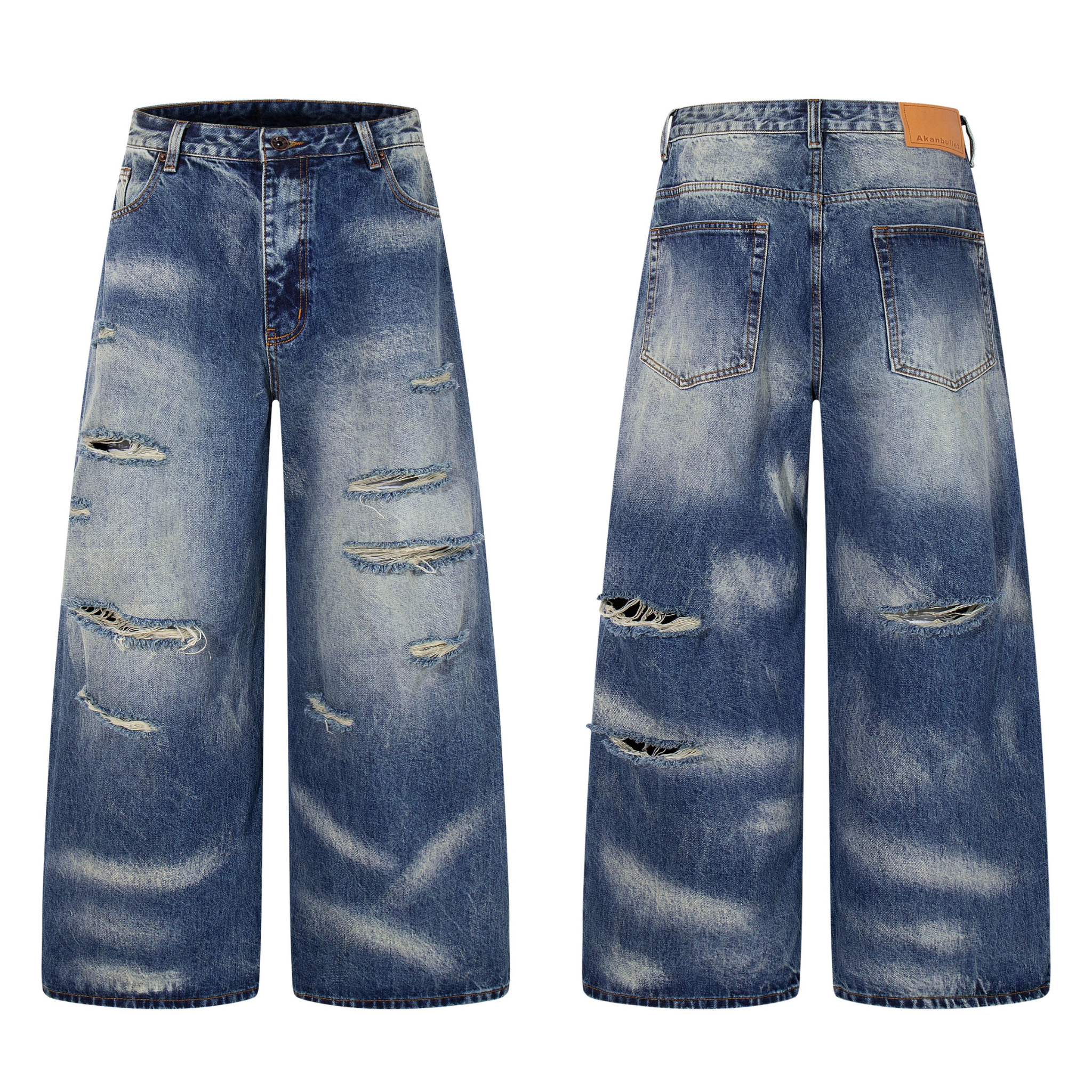 Front and back view of wide-leg distressed jeans in vintage blue with multi-zone fading and layered rips