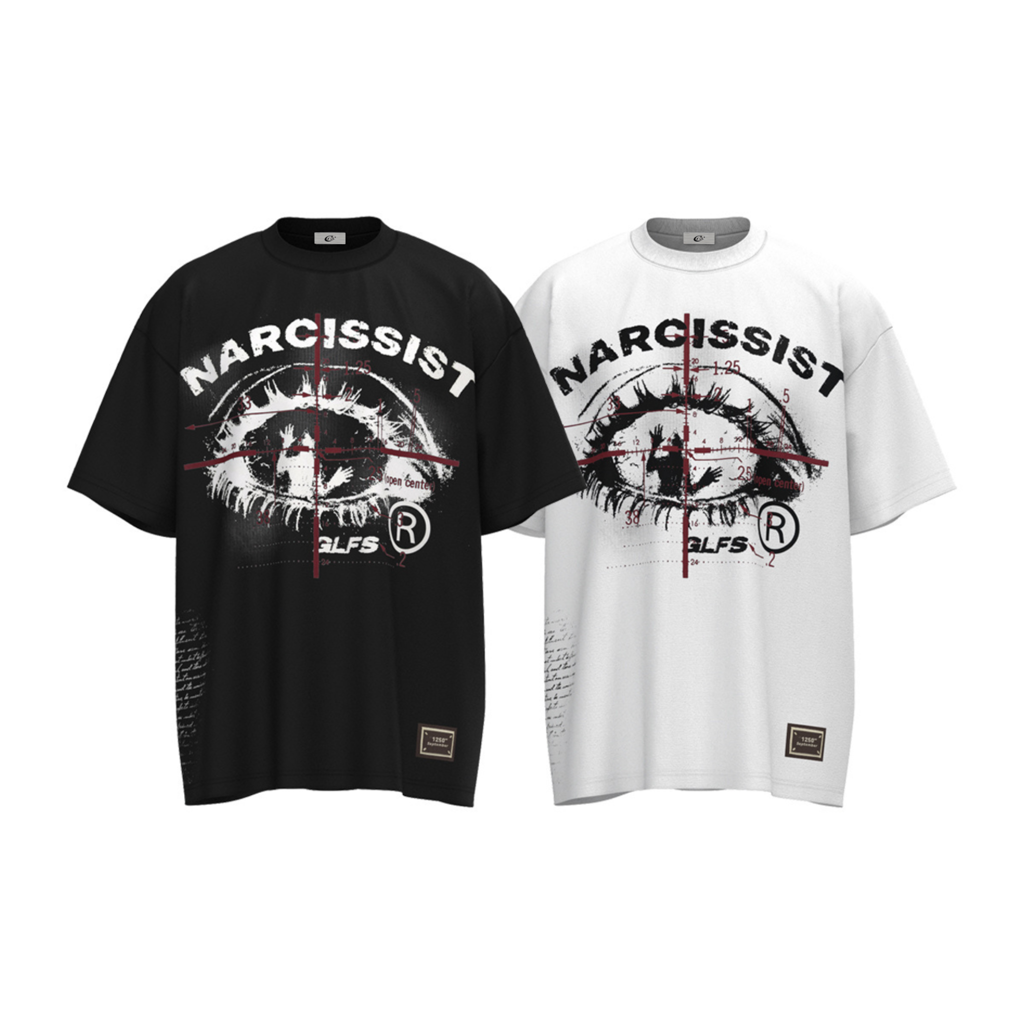 Omirad Narcissist Eye Graphic Tee in black and white with distressed eye print and red crosshair detailing
