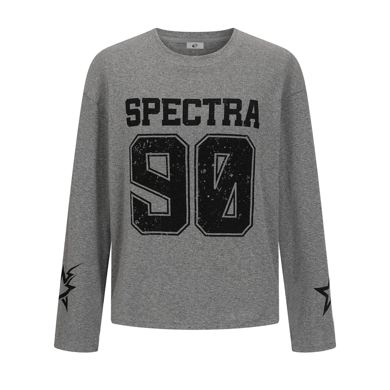 Gray long-sleeve tee with black SPECTRA 90 front graphic and star sleeve print