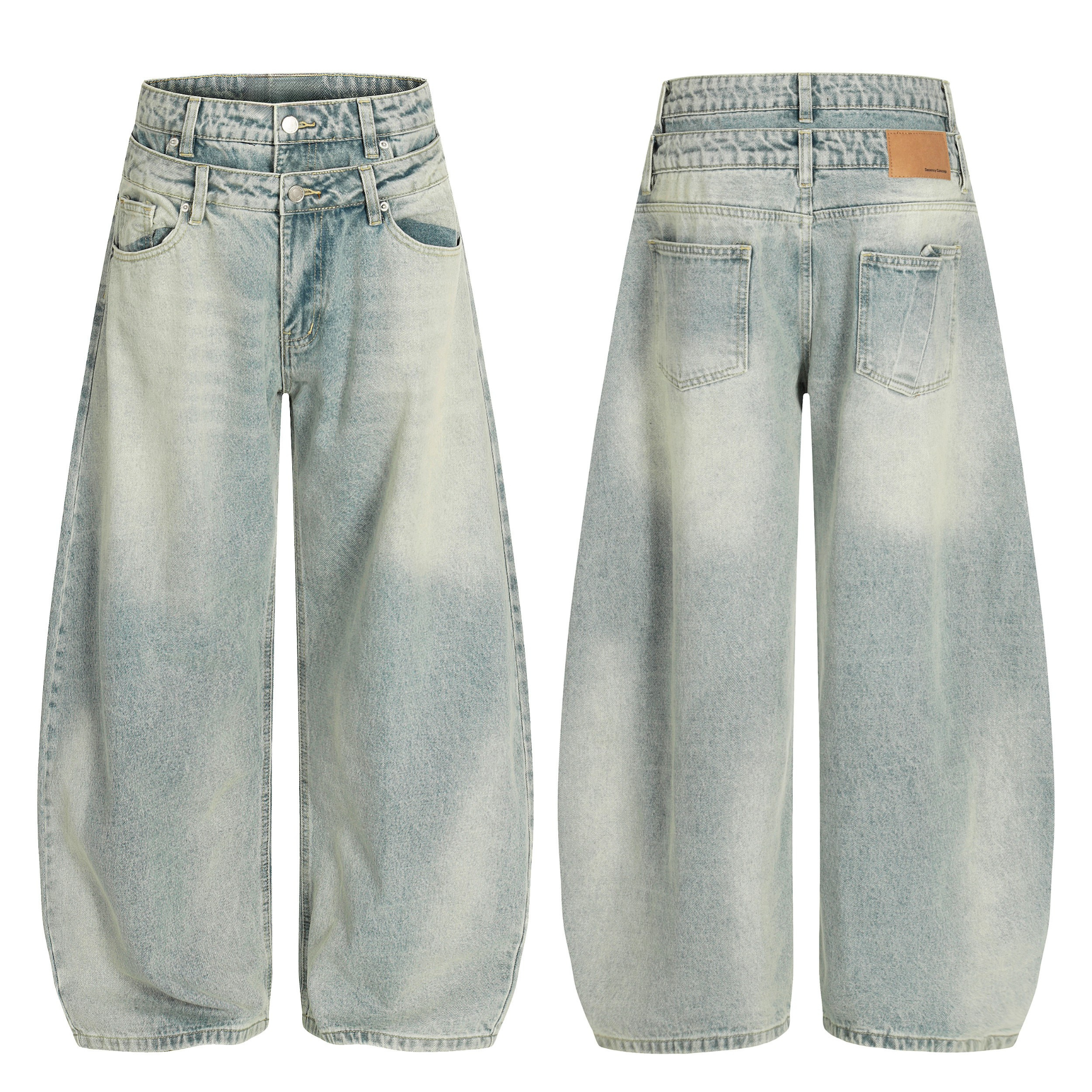 Front and back view of light blue double-waist balloon fit vintage jeans with wide leg silhouette and 5-pocket detailing
