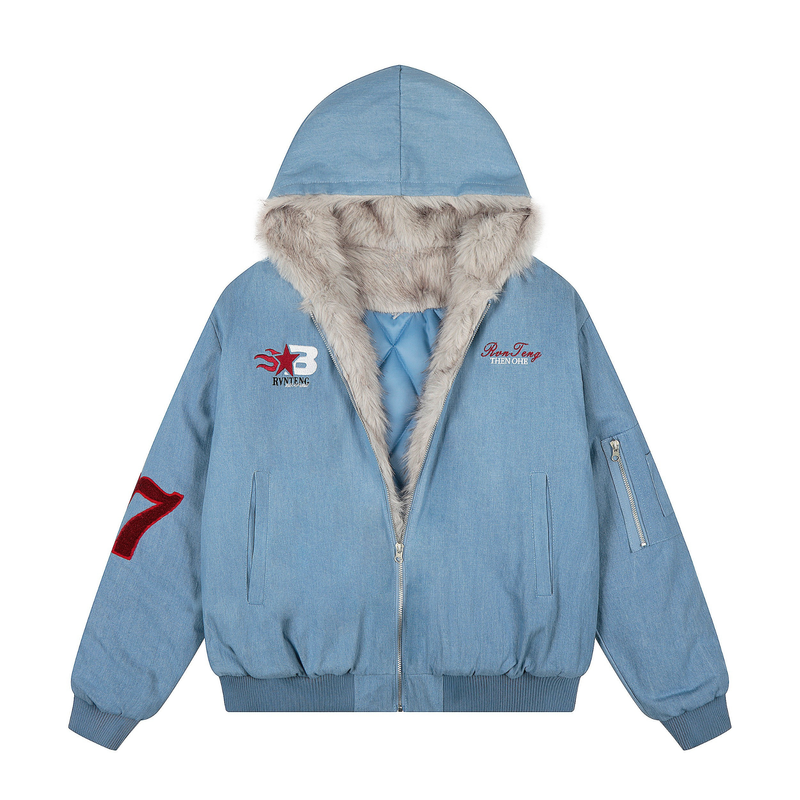 Omirad 97 Denim Varsity Hooded Jacket | Faux Fur Lined