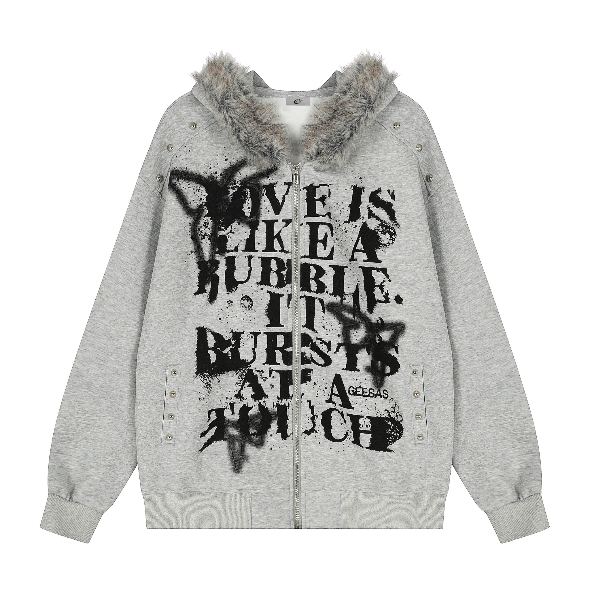 Faux-Fur Collar Graffiti Zip Hoodie | Streetwear Statement