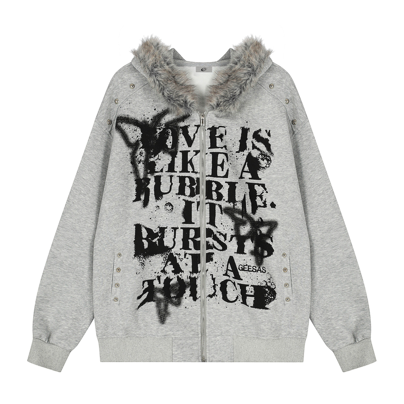 Light gray zip hoodie with faux-fur collar and black graffiti-style front print