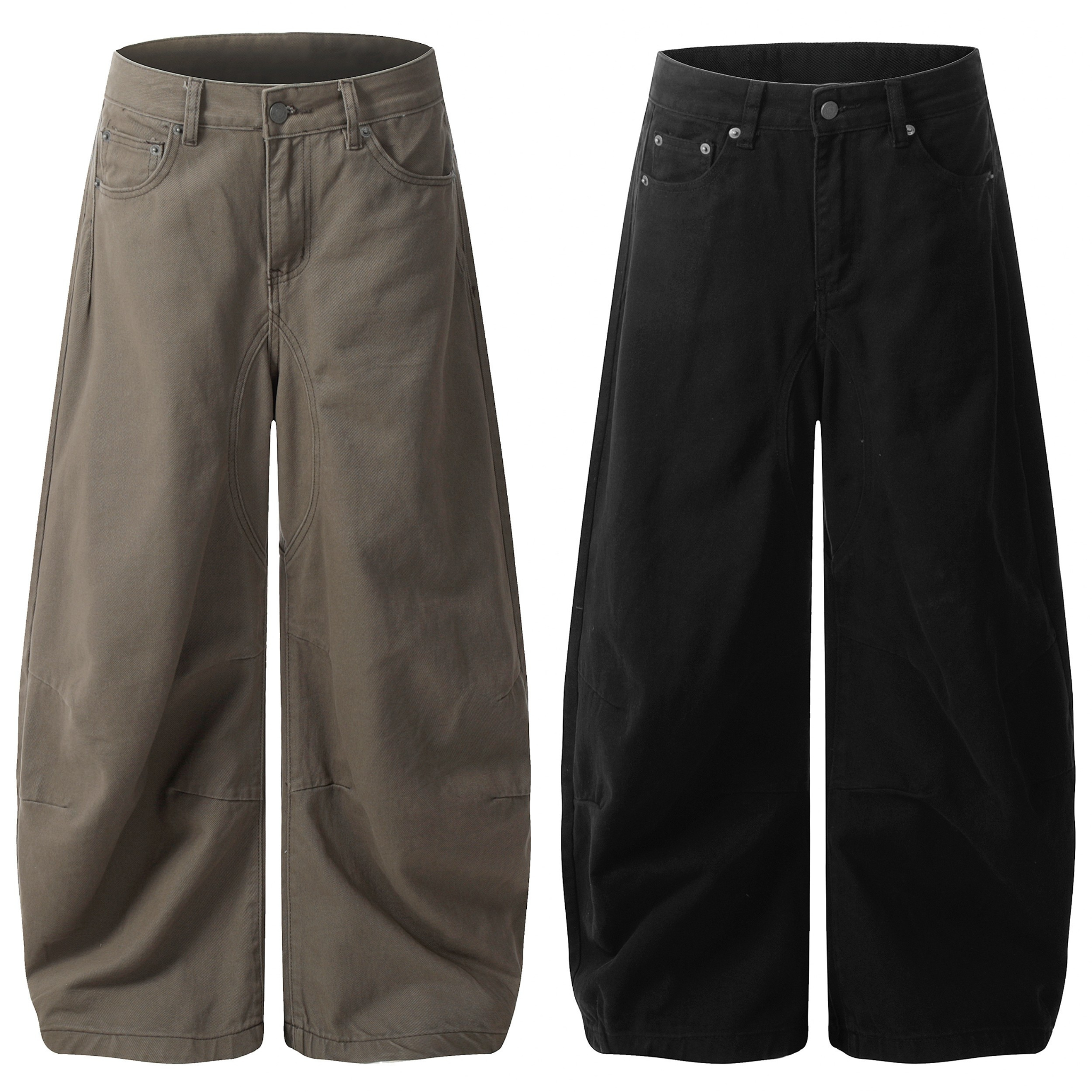 Olive khaki and black sculpted wide-leg canvas pants with curved panel construction and five-pocket detail, displayed flat on