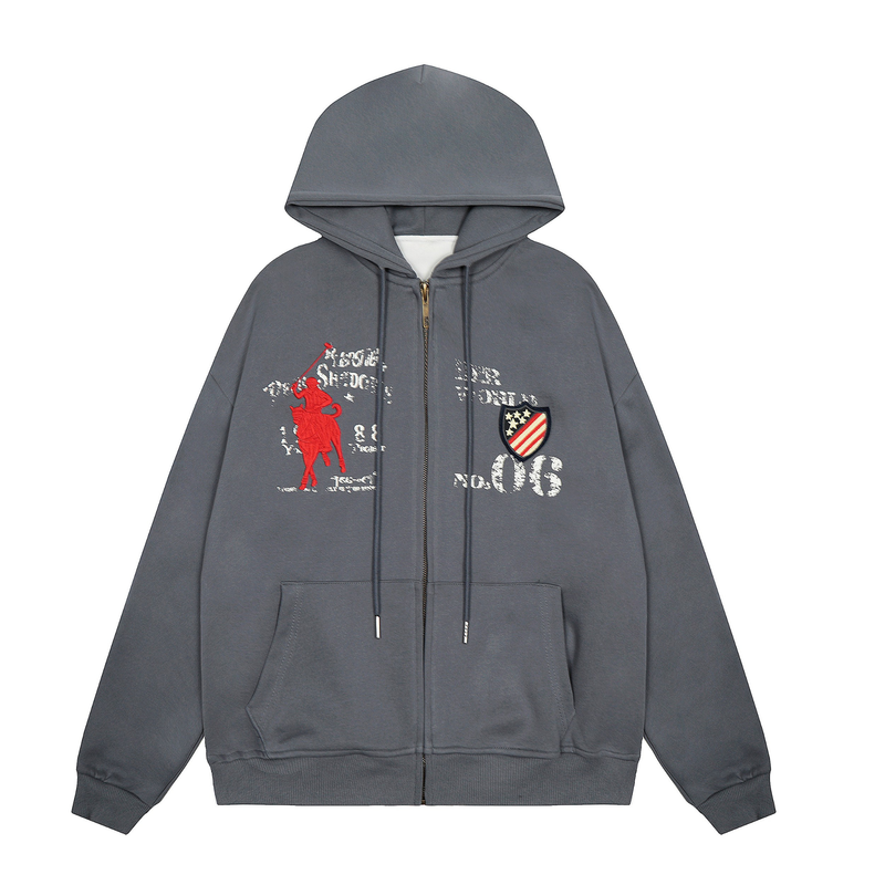 Gray zip-up hoodie with varsity-style chest graphics, front view